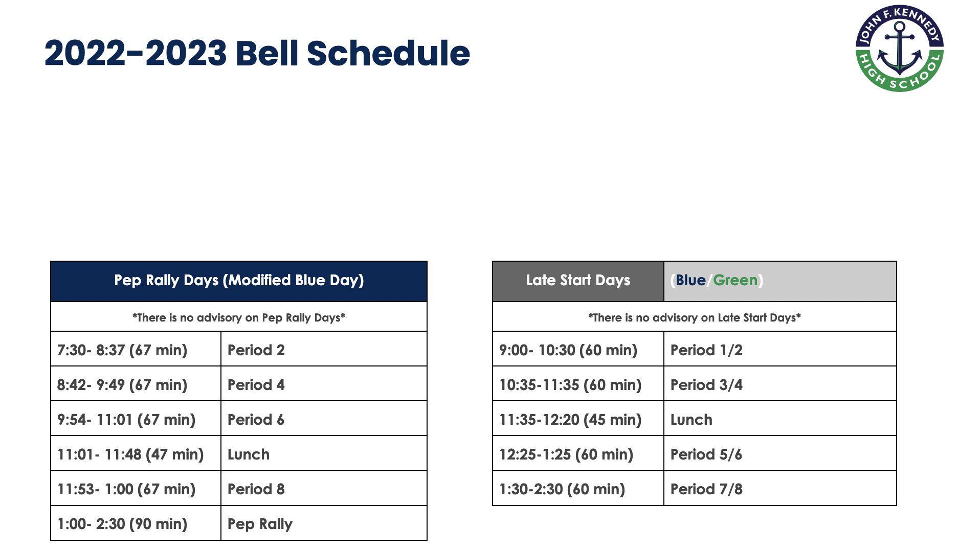 John F. Kennedy High School » School Year Calendar & Bell Schedule